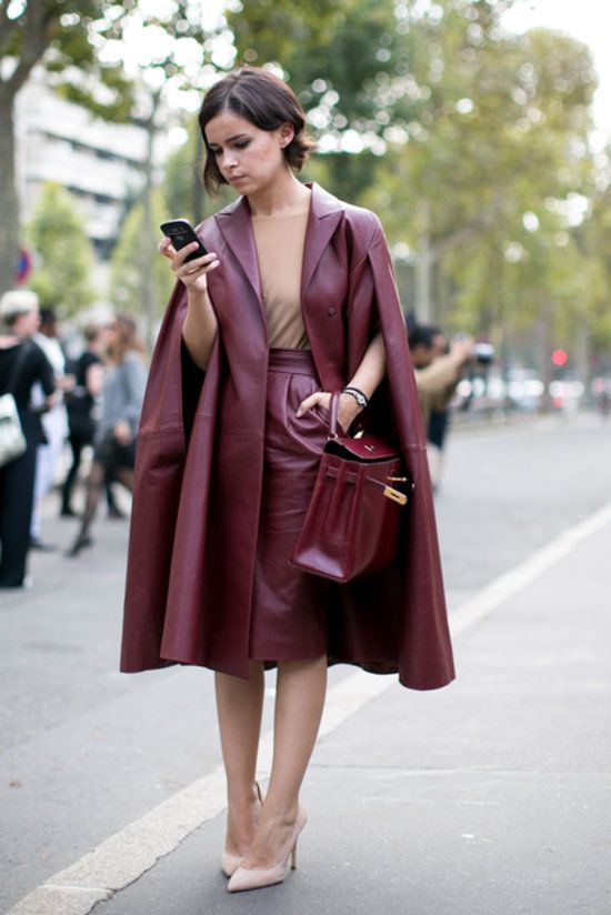 Marsala leather coat, skirt, and bag | Photo: PopSugar